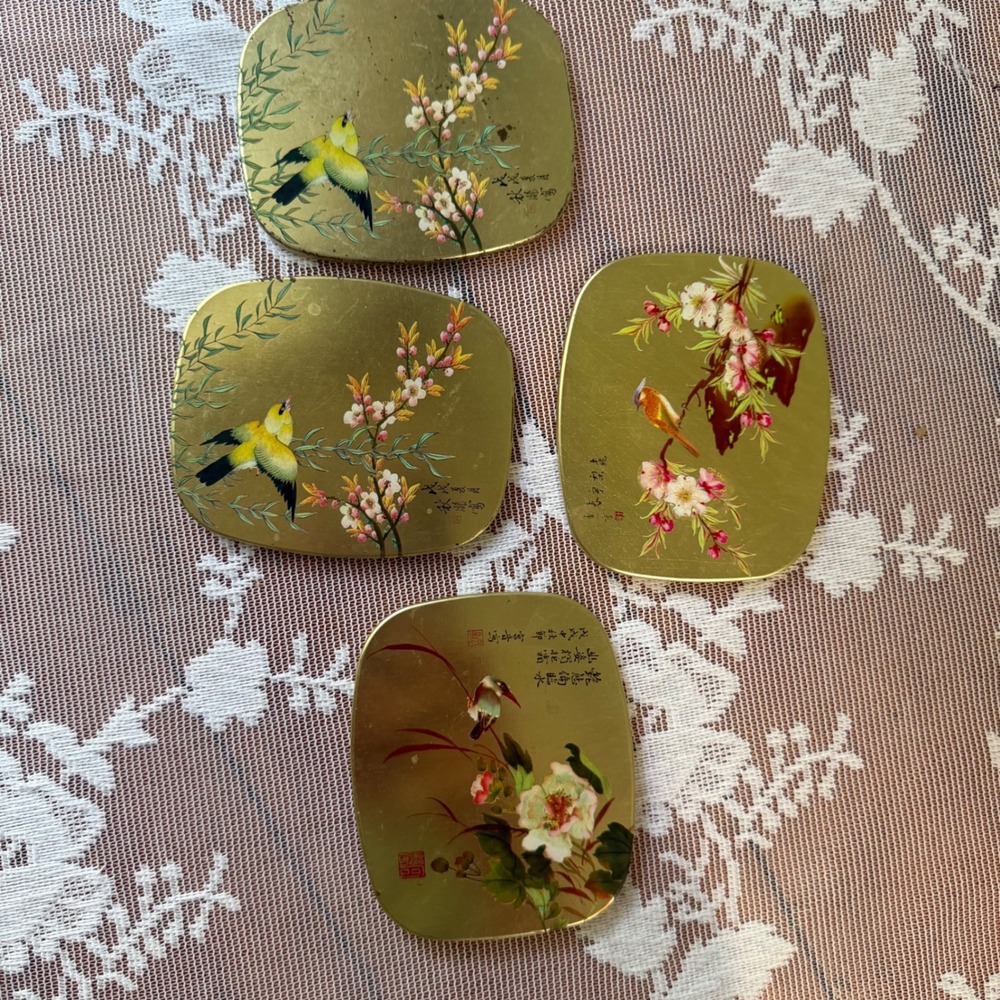 Vintage Unbranded Asian Bird Floral Coasters Set 4 Gold Good  Chinoiserie Art